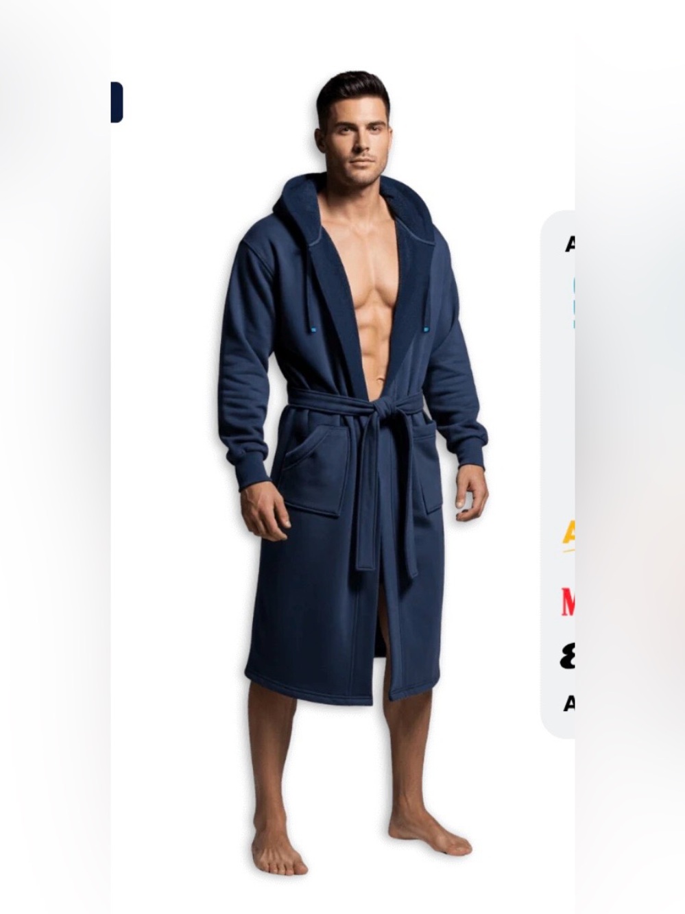 Dude Robe Navy Terry Cloth Hooded Heavy Duty Robe Attached Belt Towel Lined L/XL